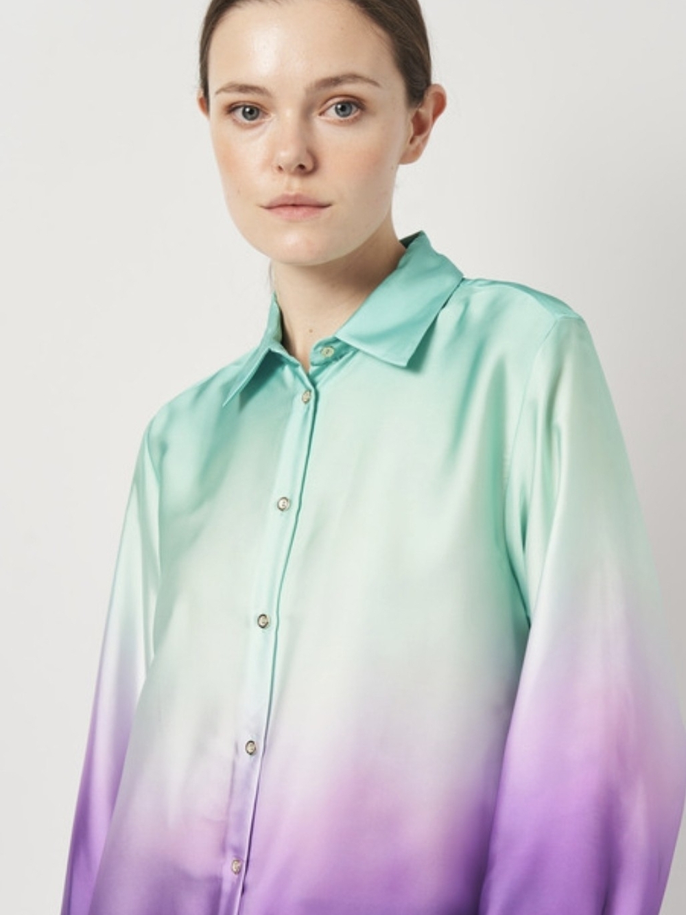 Zara Ombré Satin Effect Gradient Shirt Aqua Purple XS NWT